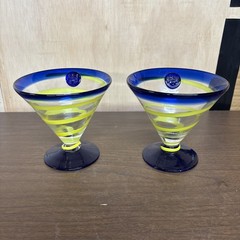 2 ROYAL CARIBBEAN Kosta Boda Margarita Cobalt Blue Green Martini Swirl Glass