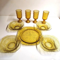 Indiana Tiara Glass Golden Amber Platter Bowls Glasses 9-pc Set