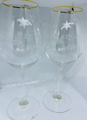 2 Vintage Etched Glass Atomic Star Burst Wine Glasses MCM Czech Gold Tone Trim