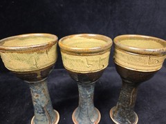 3 Handmade Studio Art Pottery Wine Goblets Earthy Color Tones 6.75″