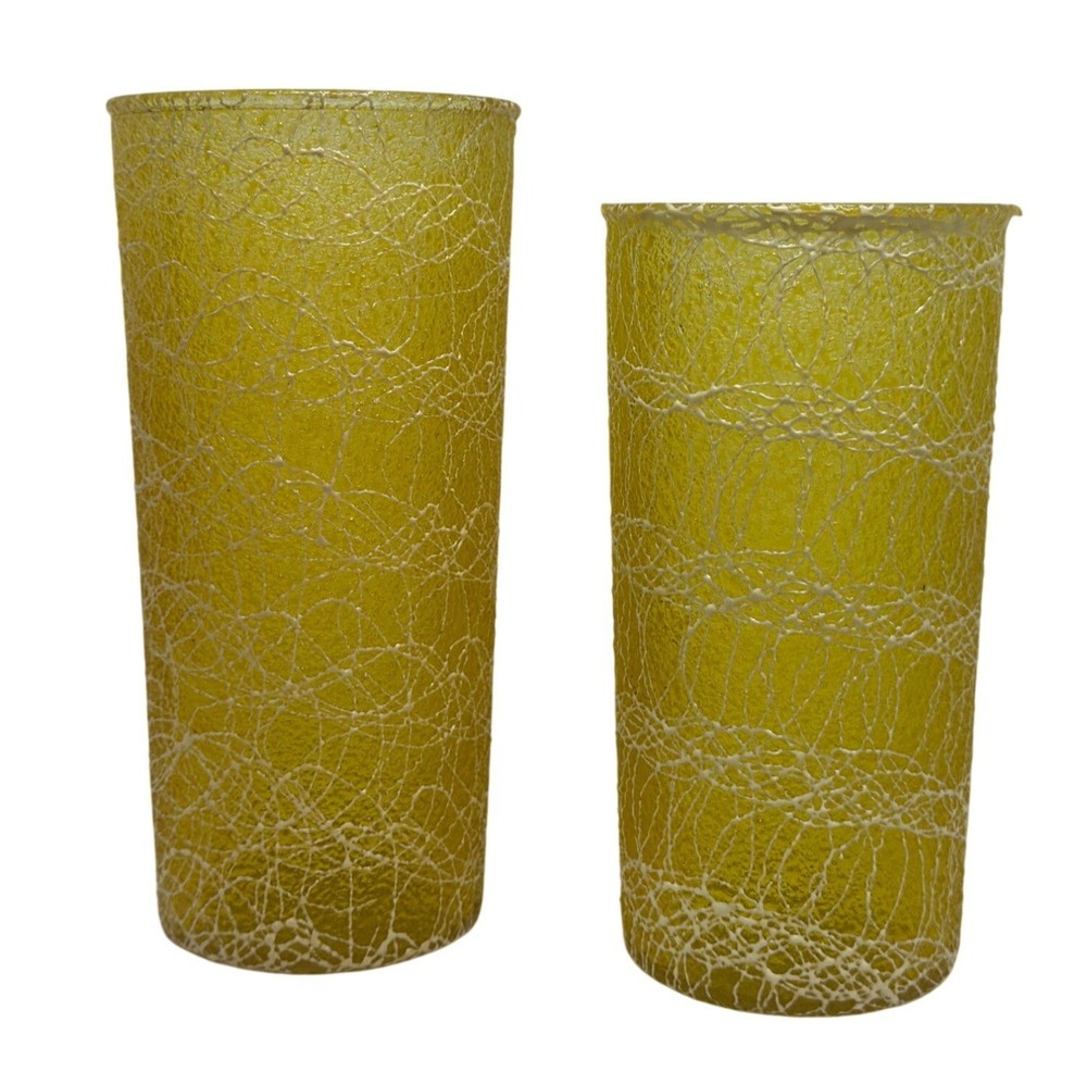 VTG 50s Spaghetti String Highball Glass Tumblers MCM Barware Cups Set 2 Yellow