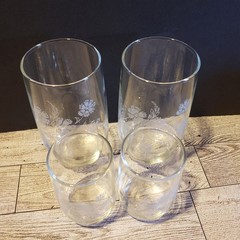 Vintage White Floral Drinking Glass Set Two Tumblers and Two Juice Glasses