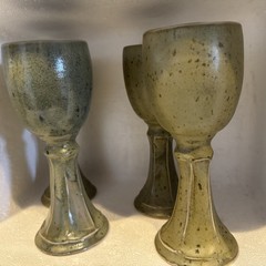 John Shedd Pottery Beige Goblet Cups Art Studio Signed Stoneware Rustic Set Of 4