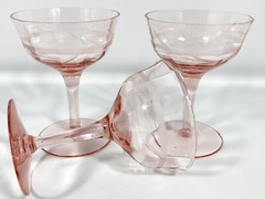 3 Vtg PINK Optic Etched Floral Berry Leaf Band Cocktail Champagne Tall Glasses