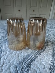 Vintage Peach Luster Iridescent Short Glasses Ribbed Square Base