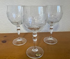 Set of 3 Vintage Bohemian Czech Crystal Etched Wine Glasses 6.5” Hand Cut Floral