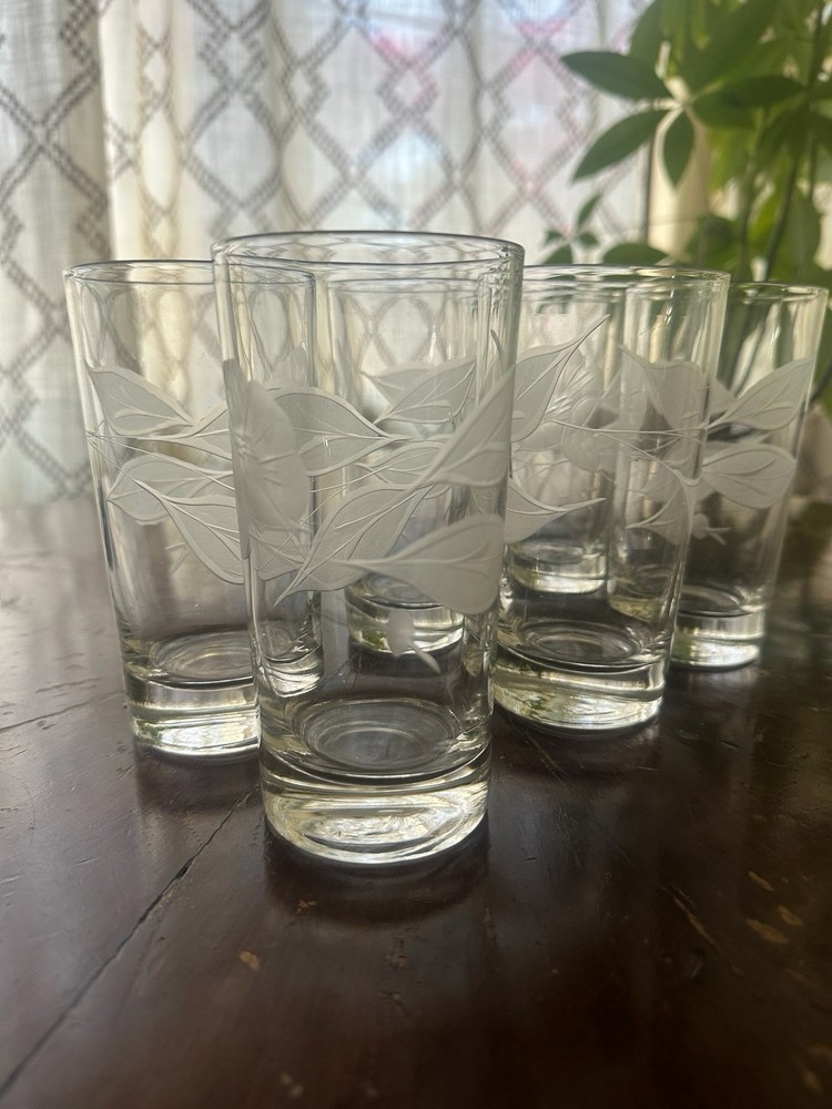 Vintage Floral Etched Cut Hand Blown Glass Set 6 HighBall Glasses Beautiful!!