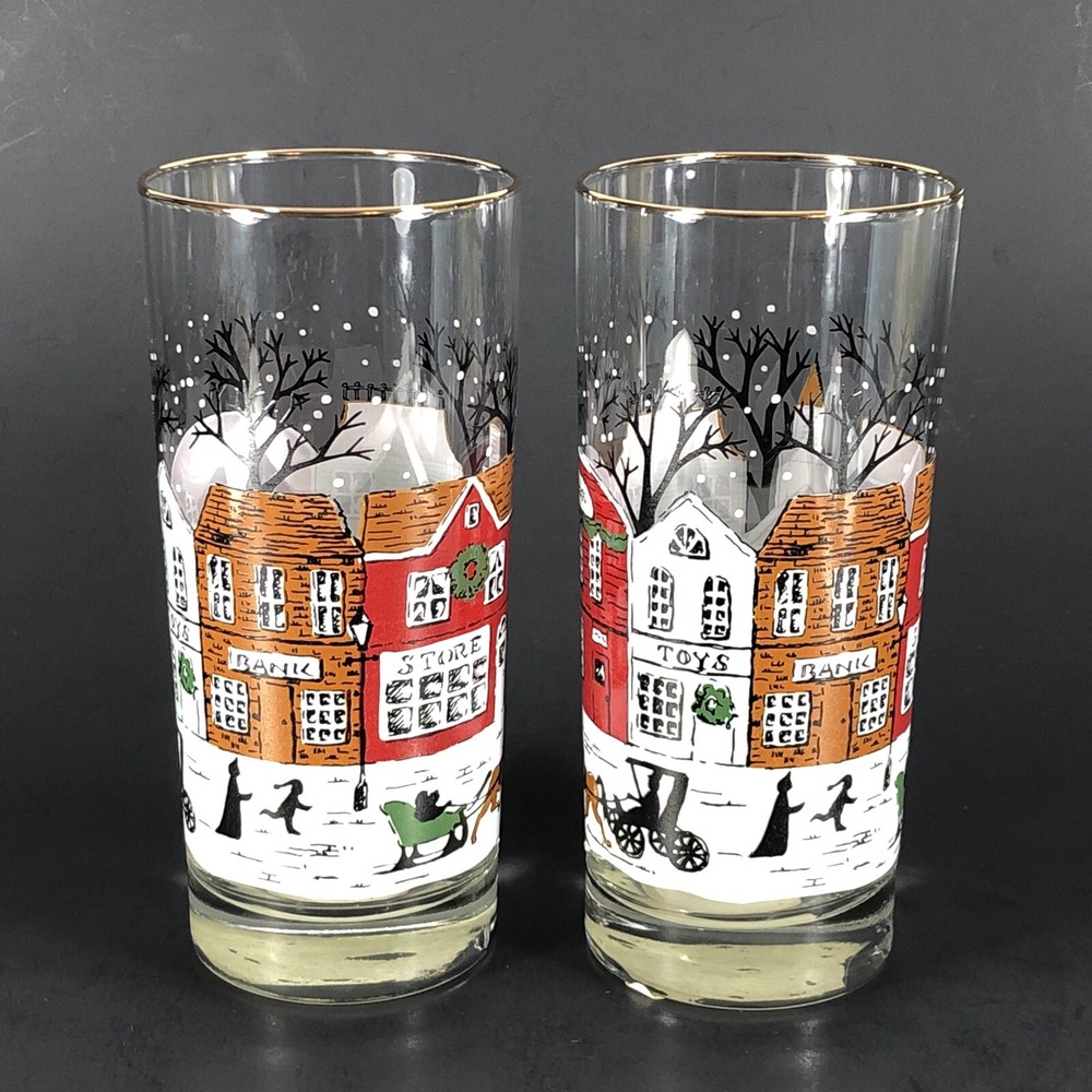 2ct NEW Libbey Winter Village Christmas Street Scene Tumblers Glasses 6 1/4″