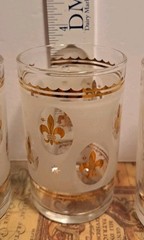 Vtg Set Of 6 Hazel Atlas Juice Glasses Frosted Finish Gold Fleur-De-Lis