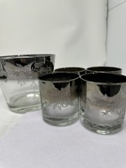 Vintage MCM Queen’s Lustreware 4 Lowball Glasses & Ice Bucket Silver Fade