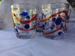Hand Blown Art Glass Tumblers Set of 5 Blue Orange Studio Glass 4.25″