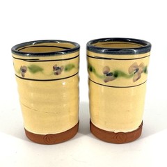 Studio Art Pottery Redware Tumblers Set Of 2 Yellow Blue Floral Marked