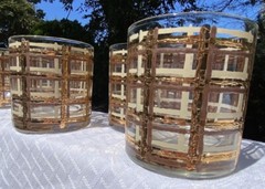 6 MCM Culver Rock Glasses Brown Cream 24k Gold Plaid Basket Weave Old-Fashioned