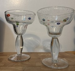 2-Hand Blown Millefiori Bullicante/Bubbles Margarita Glass Set Stemmed Barware