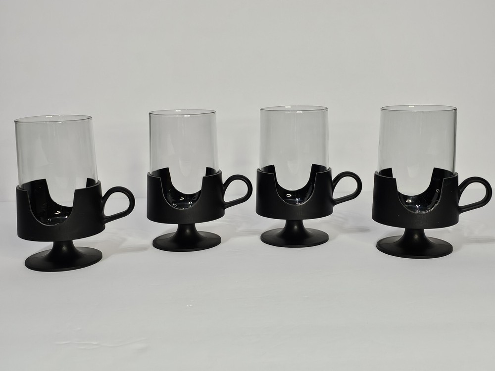 Vintage Set of 4 Glas-Snap by Corning Black and Smoke Glass Glasses MCM