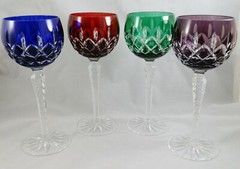 4 AJKA Cut Crystal Glass Hock Wine Goblets Set Arabella Blue Red Green Purple