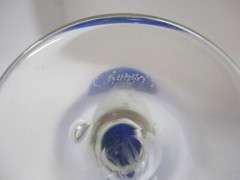 Signed Art Glass Blue and Yellow Clear Stem Goblet