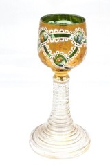 Antique Moser Green Glass Bowl White Lace Gild Roemer/Wine 1850-90 Rare Pattern