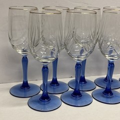 Libbey/Lenox Cobalt Blue Swag Draped Wine Glasses Barware Gold Rim Vintage Set/9