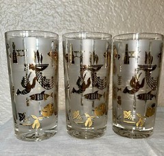 Lotus “Bon Appetite” Set Of 8 Glasses W/Carrier Fish Lobster MCM Vintage NOS
