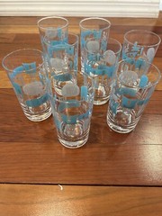 8 MCM Blue Haven Turquoise & Grey Atomic Sputnick Design Hi-Ball Glasses 5” EUC