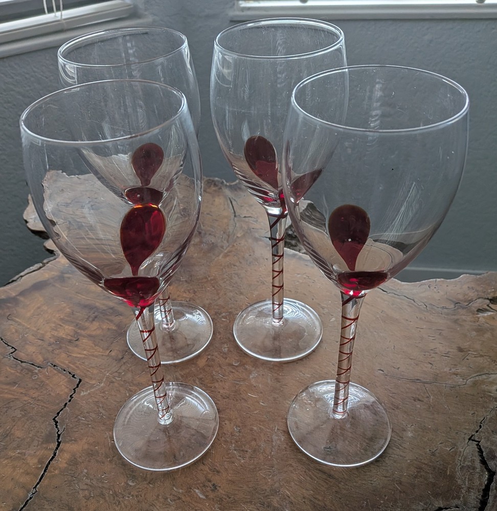 Pier 1 Hand Blown Wine Glasses Red Laced Ribbon Stem 9″ Set Of 4