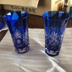 Edo Kiriko Cut Glass Serving Plate and Glass Set Cobalt Blue Japan