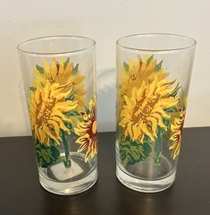 Libbey Crisa Clear Glass Painted Sunflowers Drinking Tumblers 16 Oz Set Of 2
