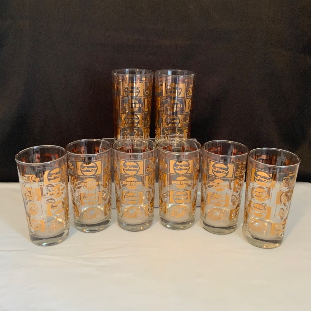 Vintage Bartlett Collins Glass Pepsi World 22K Gold Highballs Set 8 Boxed