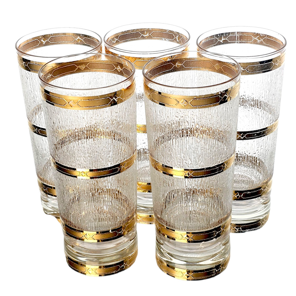 Mid Century Culver 22K Gold Highball Glasses Icicle Pattern Set of 5 Tumblers