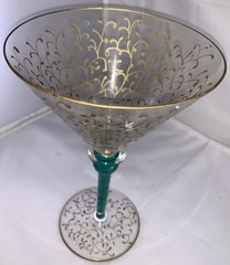 Pier 1 Rioja Martini Glass Jubilee Hand Painted Gold Scrolls Green Stem 8 Inch