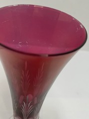 Vtg. Cranberry Cut to Clear Fluted Champagne Glass 7.5” Bud Vase Etched Italy