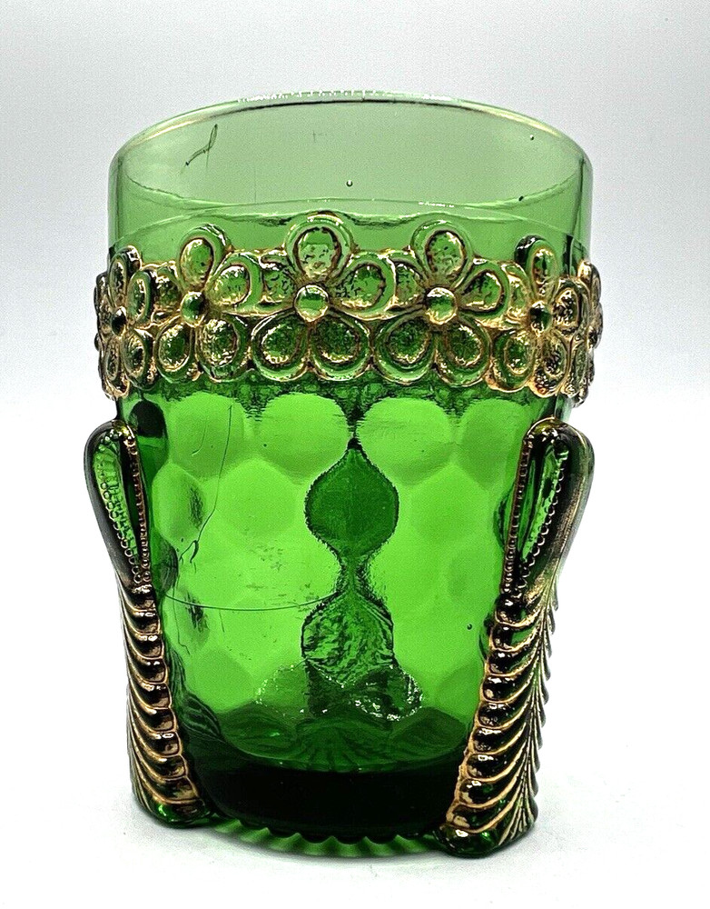 EAPG Vermont Glass Co. Honeycomb w/Flowers-Emerald Green Tumbler w/Gold Accents
