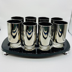 Mercury Collins Cocktail Set 8 Glasses Black & Silver w Matching Footed Tray VTG