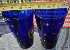 2 Culver Cobalt Blue Glass Celestial Gold Stars & Moon 6 inch Tumbler 22k