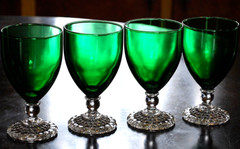 Vtg Set 4 ANCHOR HOCKING FOREST GREEN/ CLEAR BUBBLE FOOT Juice/Wine Glasses