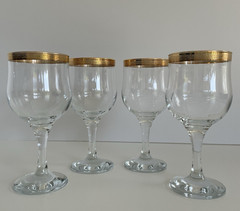 Set of 4 Vintage Mid Century Etched Gold Rim/Trim Wine Goblets 6 3/4″