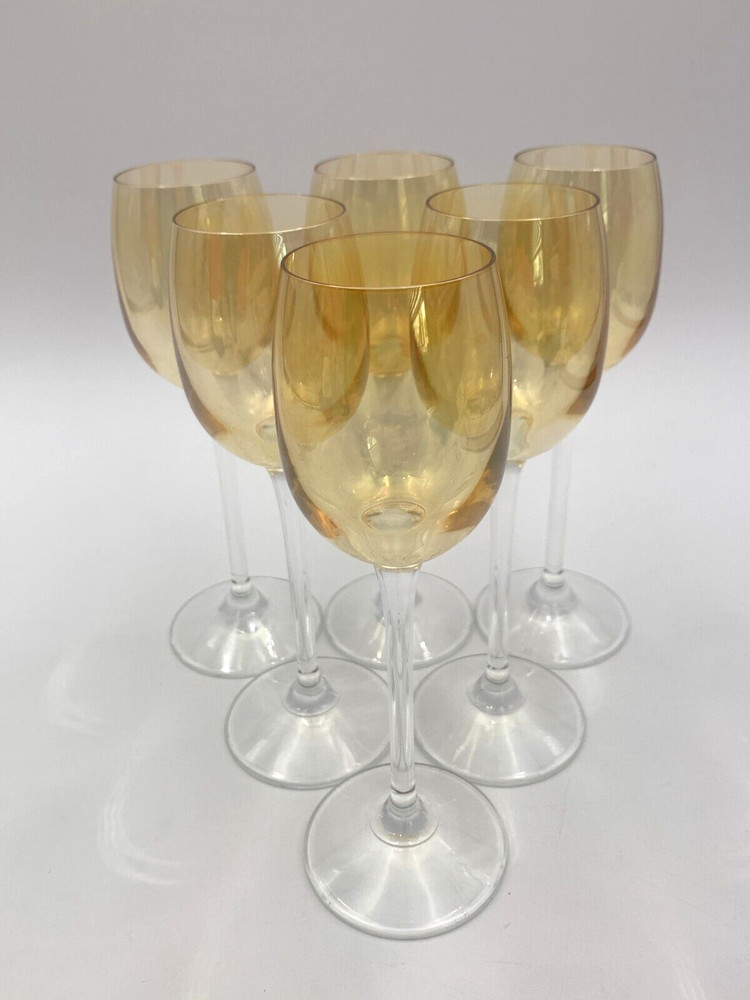 SET OF 6 (SIX) 4 oz Marigold Gold Clear Stem Liquor Crystal Goblets 6-7/8” Tall