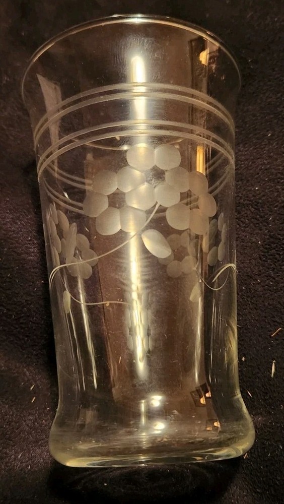 Vintage Etched Water Juice Glass Flowers & Line Fluted Classic 4.75 Inch