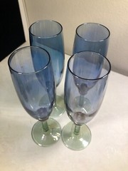 Set 4 Euroglass Italy Hand Blown Champagne Flutes Purple Green Blue Iridescent