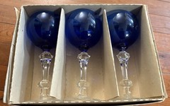 Blue Glass Goblets Set of 3 with Clear Stems Stemmed Drinking Glasses