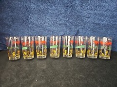Set 8 VINTAGE MCM Hazel Atlas Pheasant Bird Hunting Glasses 5″ Barware 12 Oz EUC