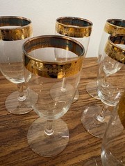 Vtg Blown Glass Gold Encrusted Rim 5 7/8″ Champagne Flutes Set of 6