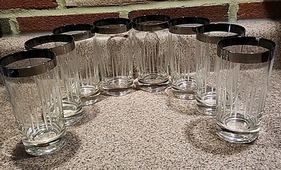 MCM .5″ Silver Rim Etched Cut High Ball Glasses Set Of 8 «Madmen» Barware Thorpe