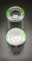 Two (2) Bormioli Green Rim/Clear Body 14-Panel Lowball Whiskey Glasses. Unique.