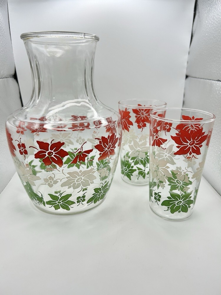 Vtg Anchor Hocking Poinsettia Carafe & 2 Highball Glasses Red Green White