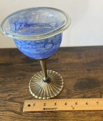 Cobalt Blue Hand Blown Goblet Chalice Brass Stem DECORATIVE ONLY