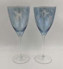 Royal Gallery Romania Wine Glasses Iridescent Blue Set of 2 Etched Grapes