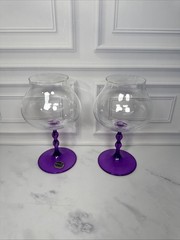 Pair Bohemia Crystal Czech Republic Amethyst Purple Stem Wine Goblets Glasses