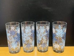 Set 4 Vintage Libbey Blue & White Winter Snowflakes Clear Glass 6 1/4″ Tumblers